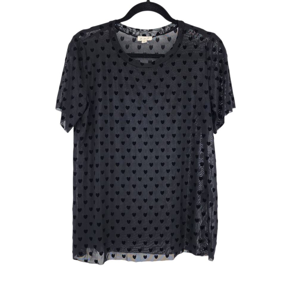 NWOT POL Black Sheer Mesh Velvet Heart Crew Neck Short Sleeve Top Size Small